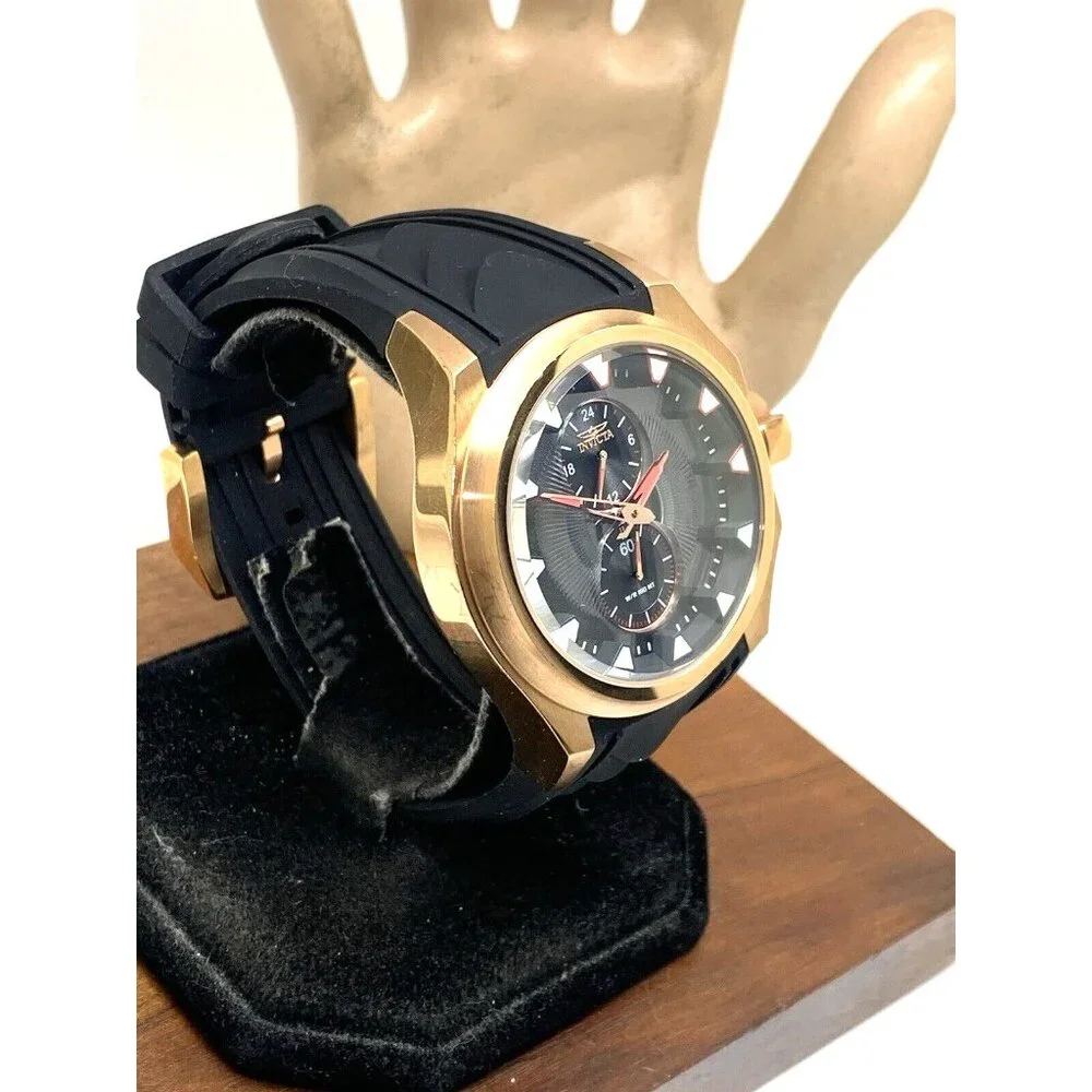 Invicta Men's Watch 38015 S1 Rally Quartz Black Dial Rose Gold Rubber Band 47mm